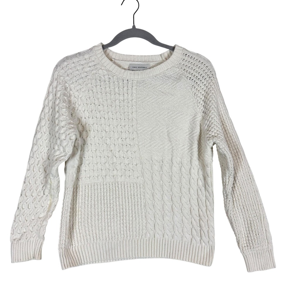 Free Assembly Sweater Kids 10-12 White Patchwork Cable Knit Crew Pullover Cotton